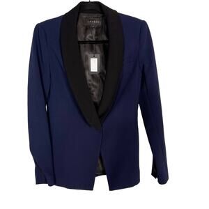 New LAVEER Womens Size 0 Navy Blue Black Tux Blazer Shawl Collar Single Button